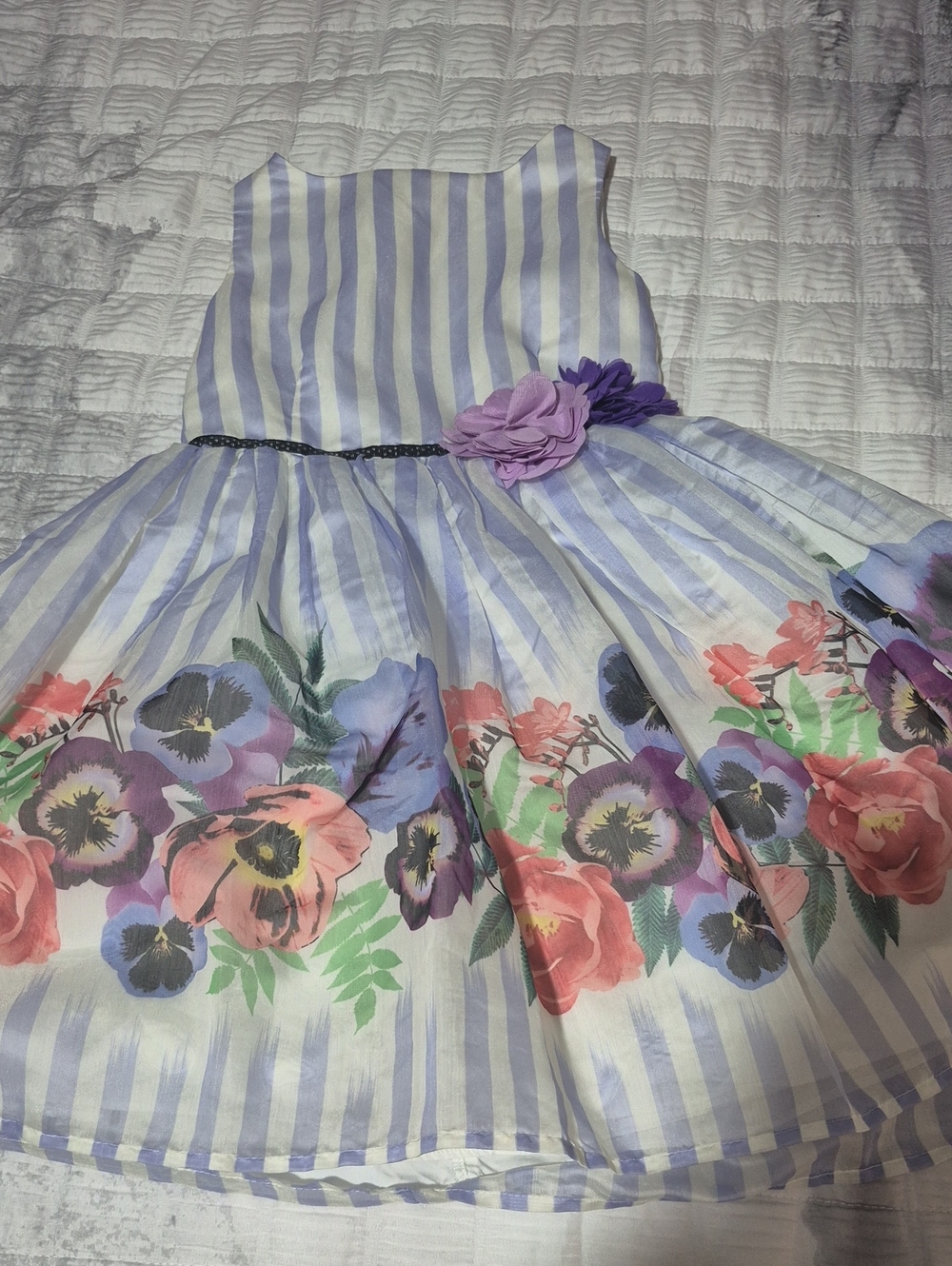 Pastourelle Lavender Striped Floral Fit-and-Flare Dress with Flower Accent